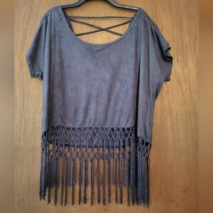 Cecice Gray Lace-up Back Fringe Top, L